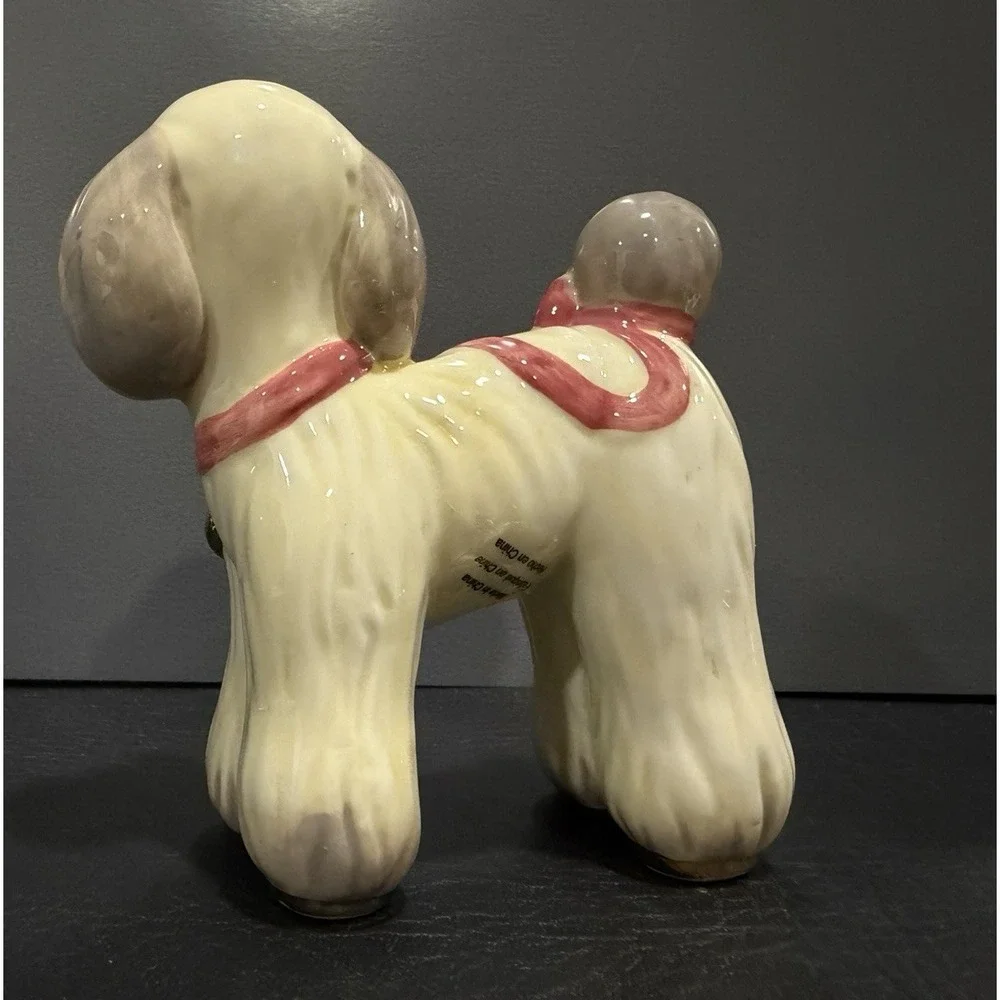 Anthropologie Ceramic Cream Poodle Dog Figurine Pink Bow Japan Novelty Decor